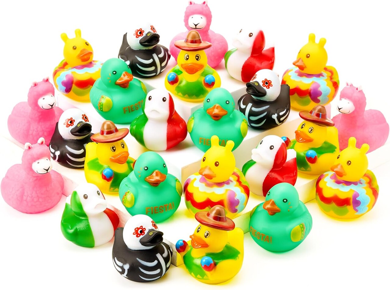 24 Pcs Mexican Fiesta Rubber Ducks – Colorful Maraca Cinco de Mayo Duck Party Favors – Mini Bath Toys for Baby Shower, Gifts, Dress-Up Play & Fiesta Party Decorations – Perfect for Mother's Day Card Making Displays
